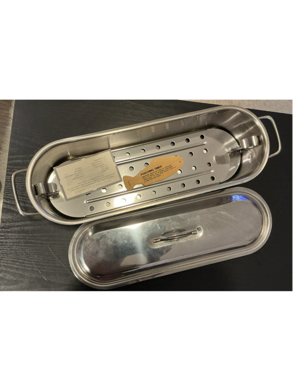 Stainless Steel Oblong Fish Poacher Pan, w/recipe & timer , Made in Taiwan 18"